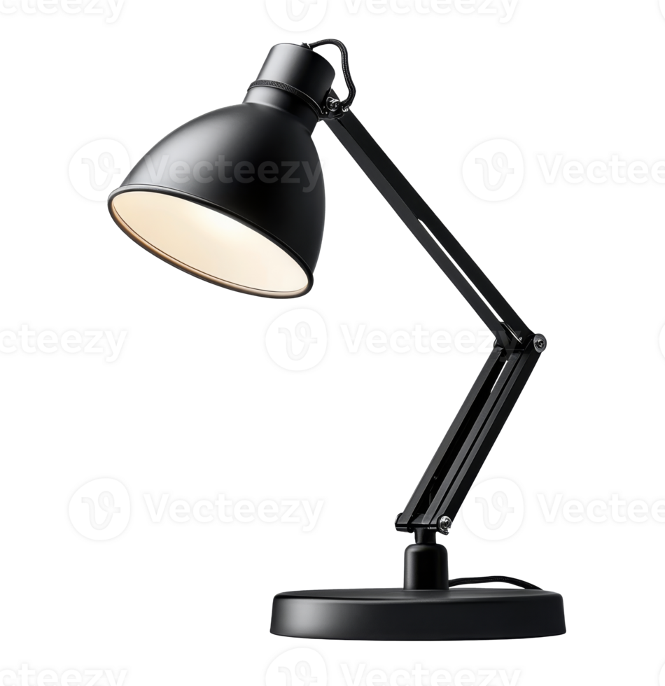 Adjustable black desk lamp illuminating a workspace with a modern design and sleek finish png