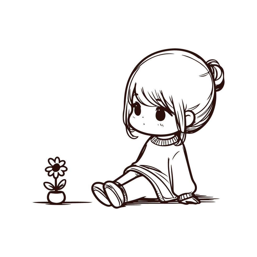 Lost in Thought- A Hand Drawing of a Little Girl vector