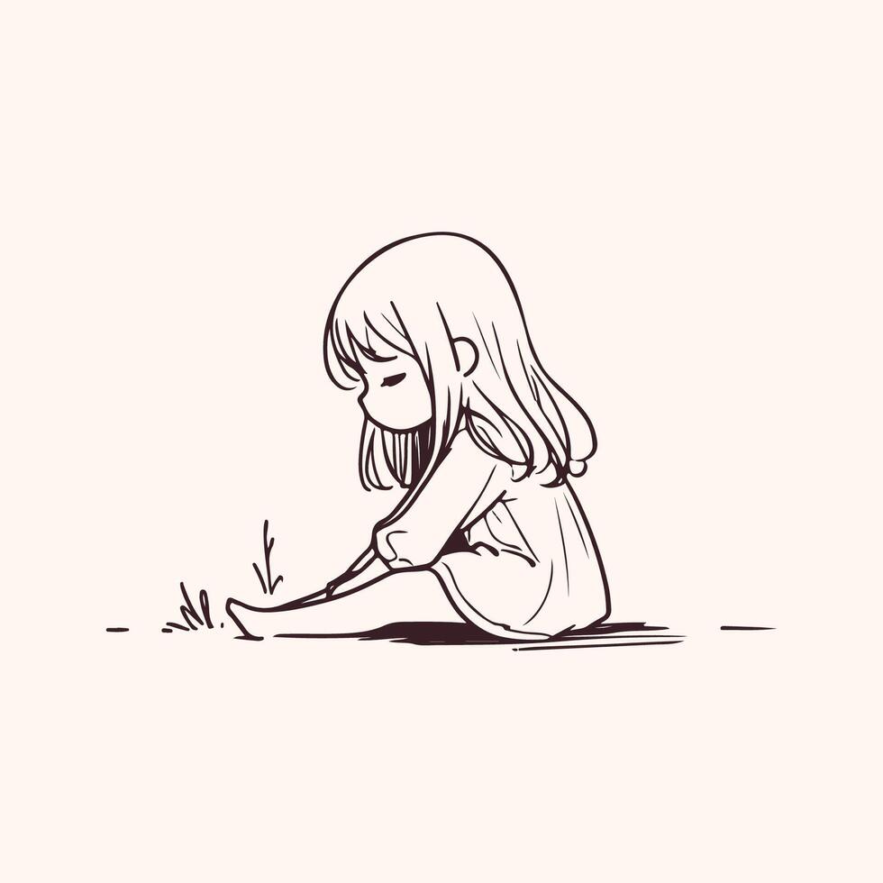 Quiet Reflection- A Hand Drawing of a Little Girl Alone vector