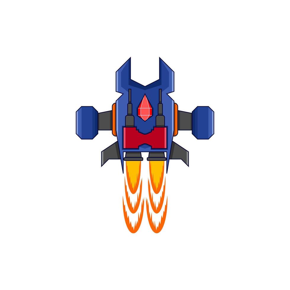 A cartoon blue and red spaceship flying through the air vector