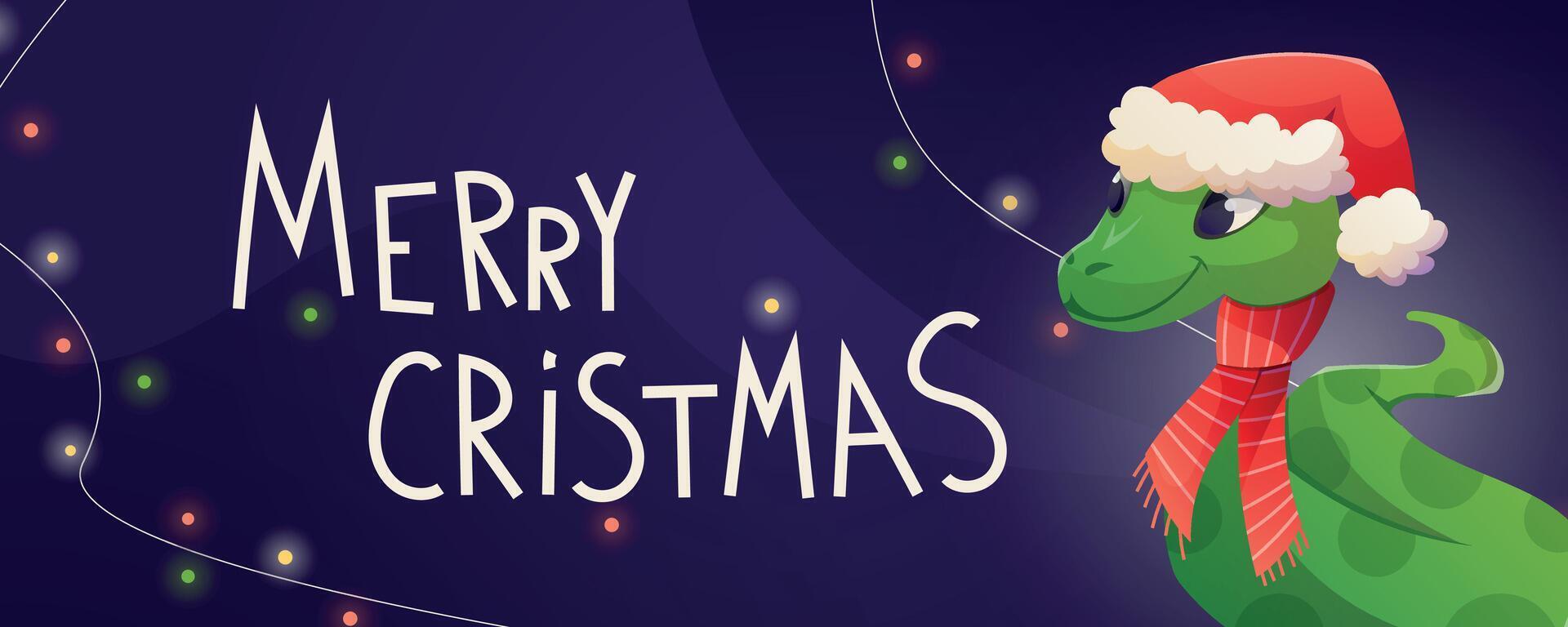 horizontal Christmas banner. Cute green tree snake in Santa Claus hat and scarf. Symbol of Chinese New Year 2025. Advertising brochure or gift card. vector