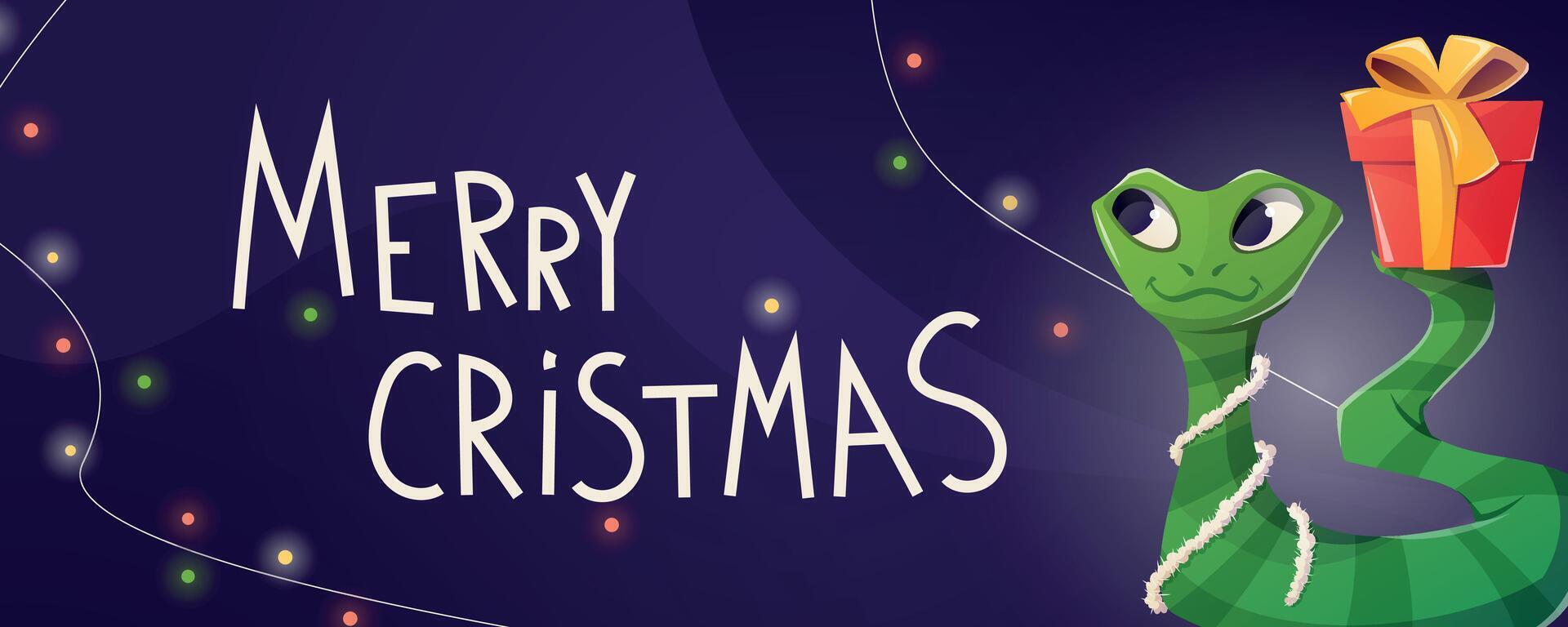 horizontal Christmas banner. Cute tree green snake with gift box, symbol of Chinese New Year 2025. Advertising brochure or gift card. vector