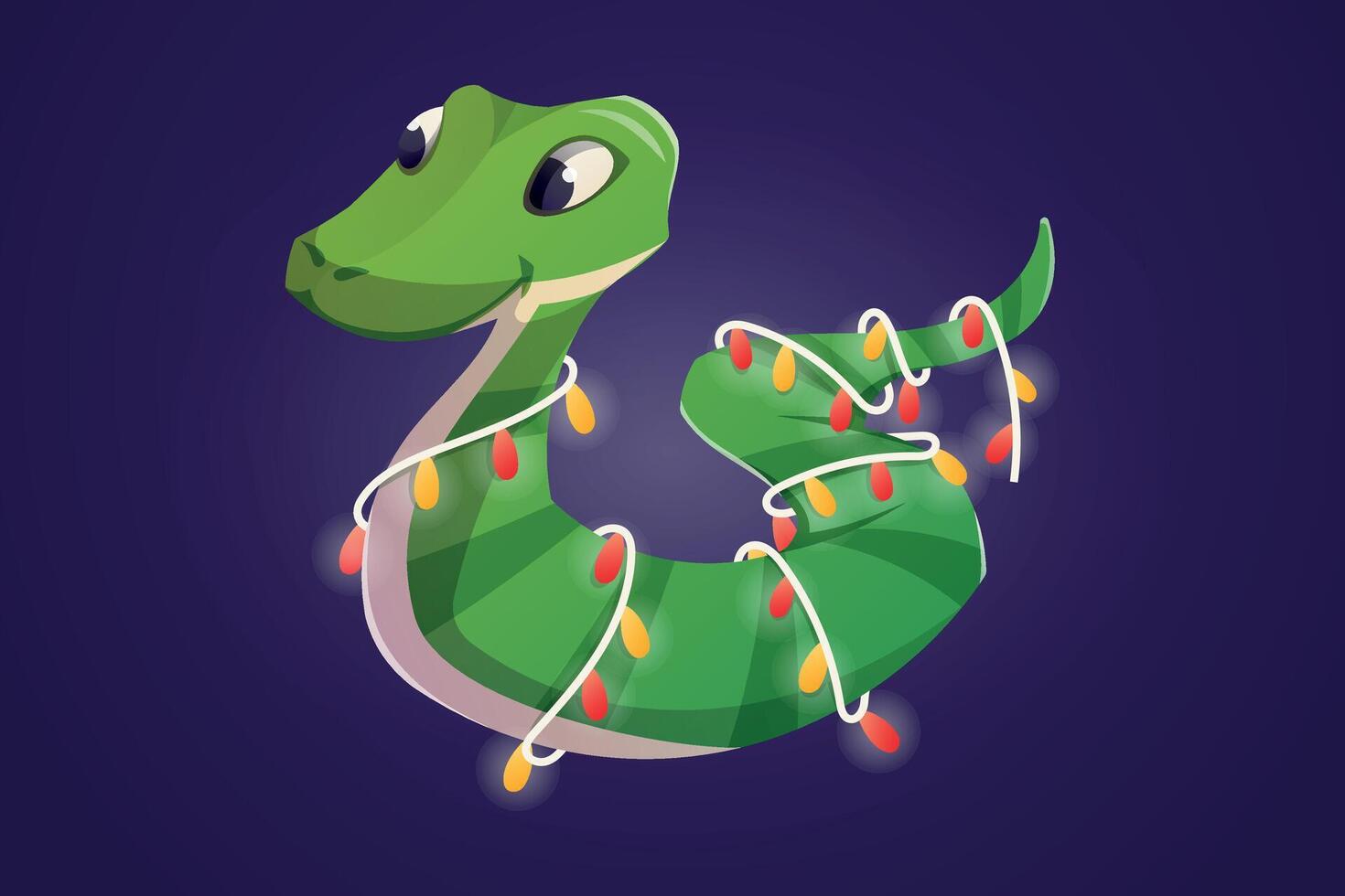 Funny green tree snake with festive garland. Symbol of Chinese New Year 2025. isolated cartoon illustration. vector