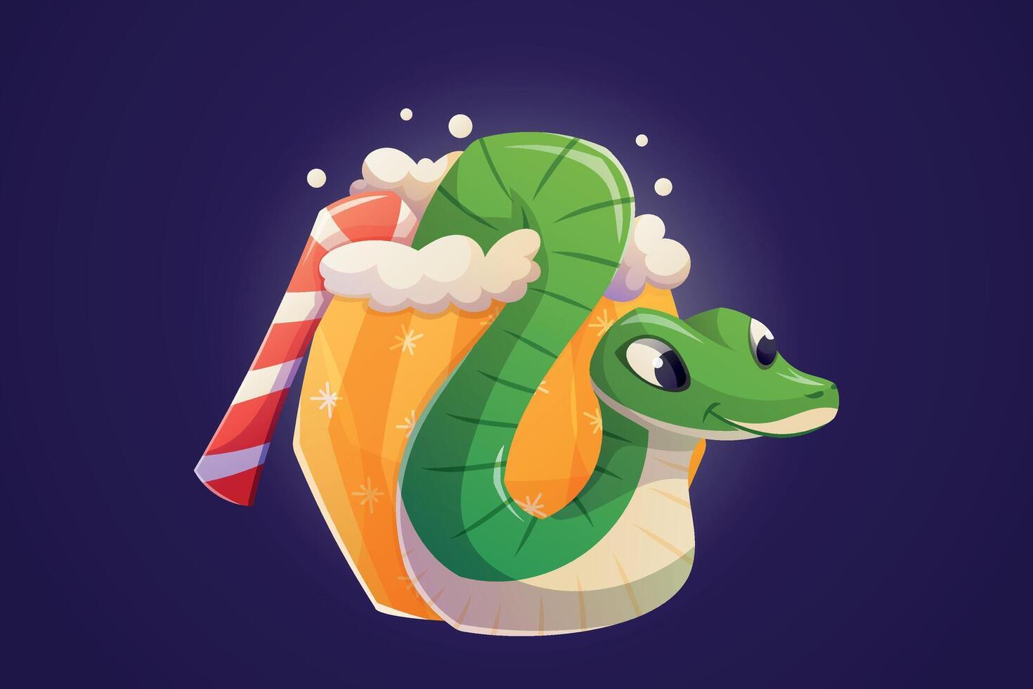 Cute green wooden snake crawling out of a mug with hot cocoa or coffee. Symbol of Chinese New Year 2025, Christmas holiday decoration. isolated cartoon illustration. vector
