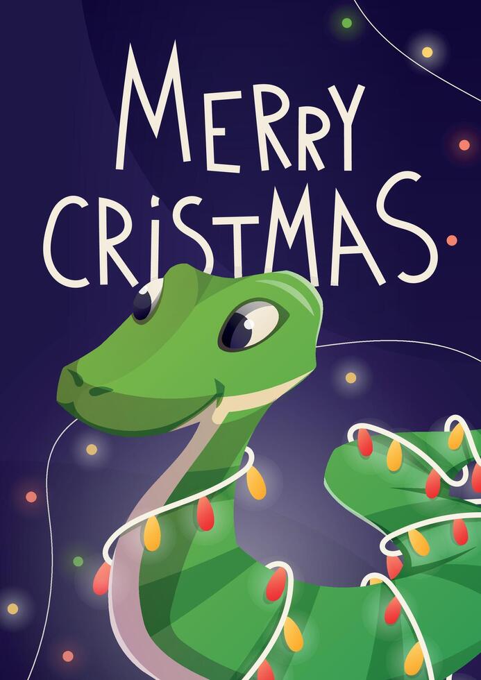 festive Christmas banner. Cartoon green wooden snake with garland, symbol of Chinese New Year 2025. Greeting card or advertising booklet. vector