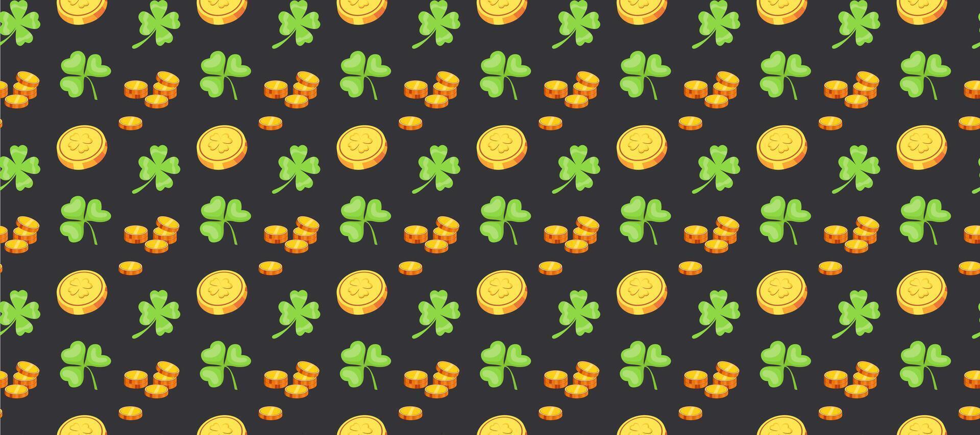 Seamless St. Patrick's Day pattern with clovers and gold coins vector