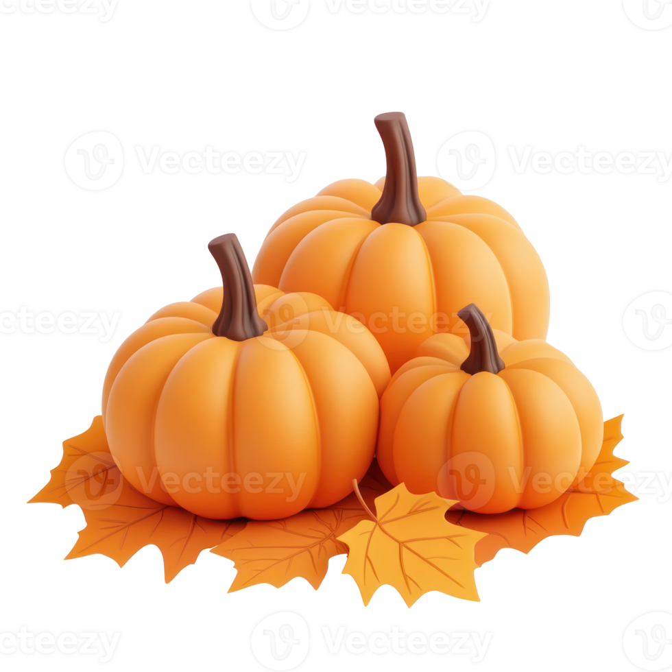three pumpkins on a leaf on a white background png