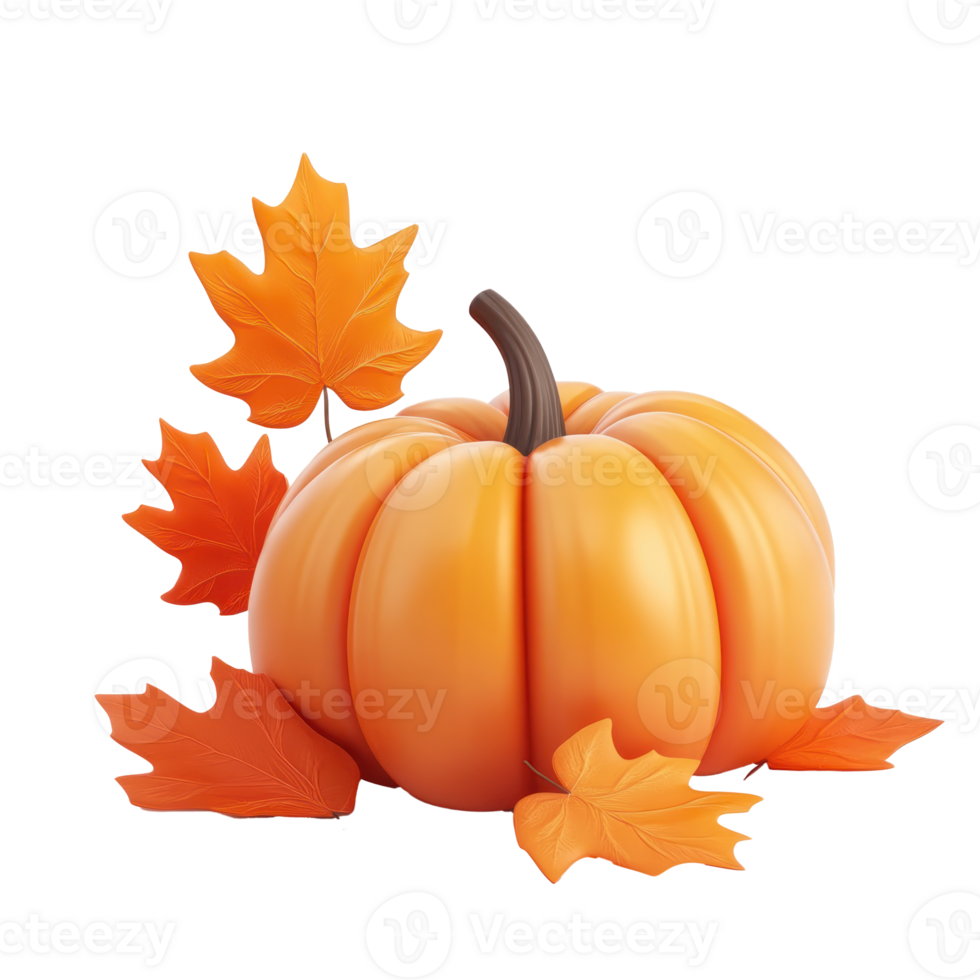 3d pumpkin with maple leaves on transparent background png