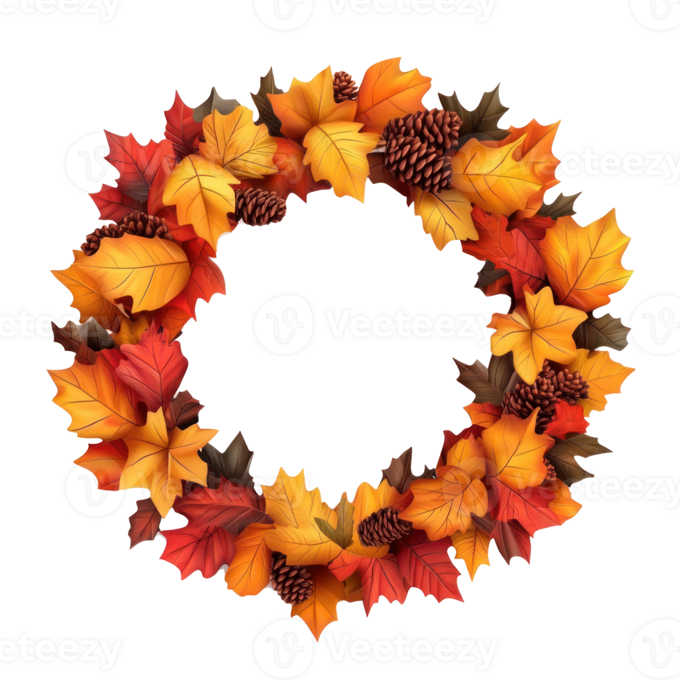 a wreath of autumn leaves and pine cones on a transparent background png
