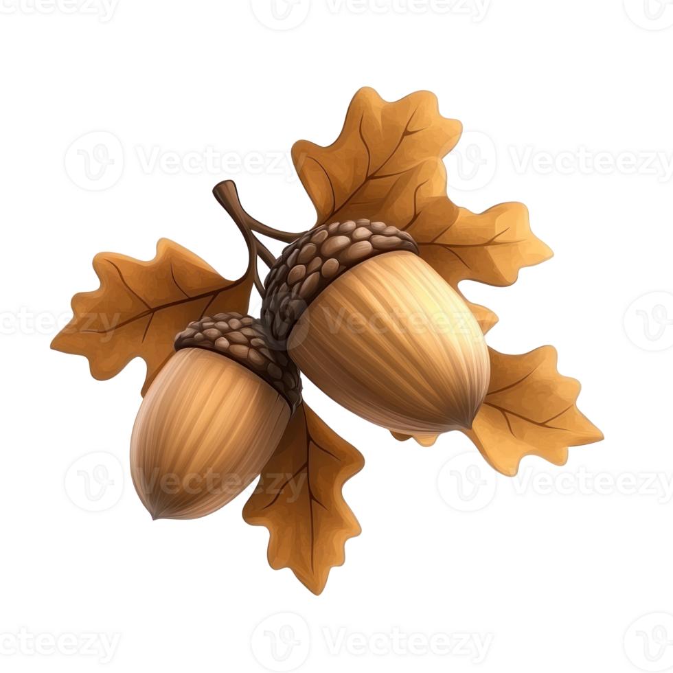 realistic acorn on a branch with leaves and acorns png