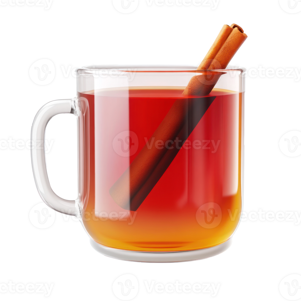 3D icon cartoon glass cup with hot tea and cinnamon sticks on a transparent background png