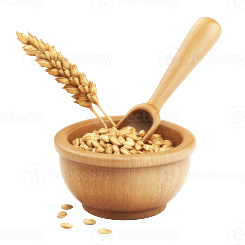 grain in a wooden bowl and spoon on a transparent background png