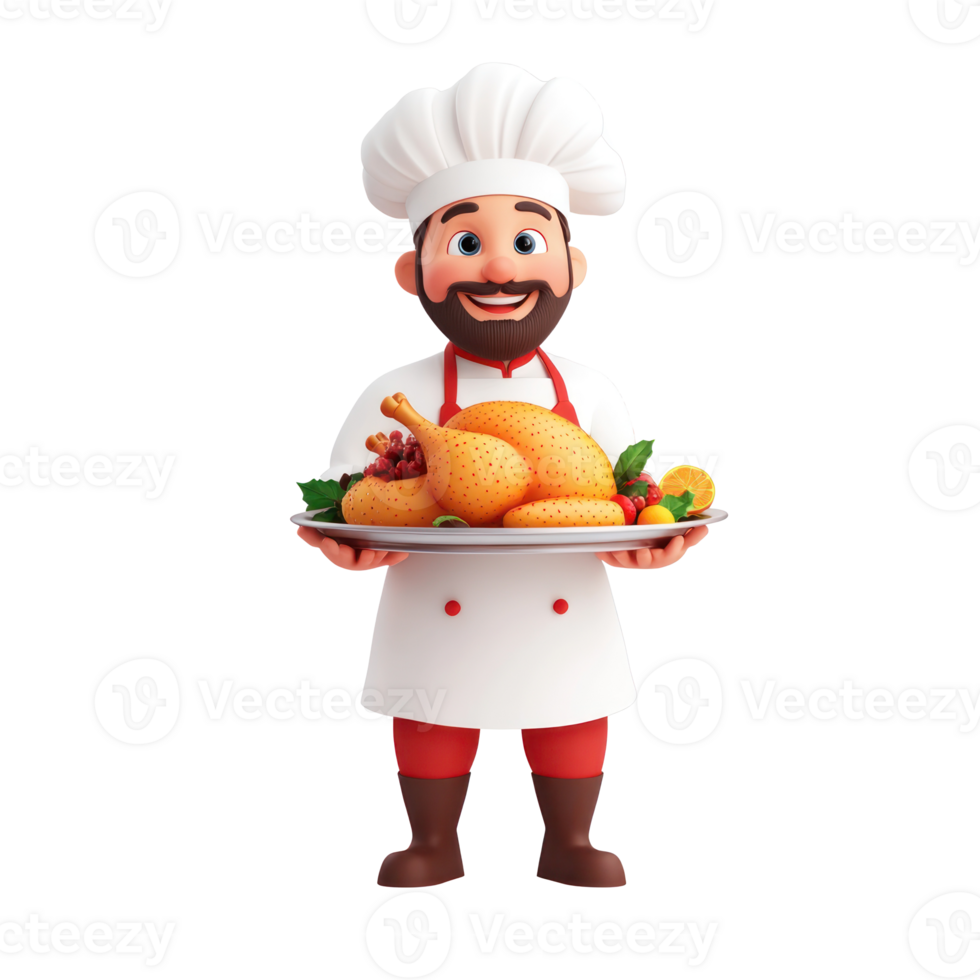 3D icon cartoon chef holding a tray of food on a transparent background png