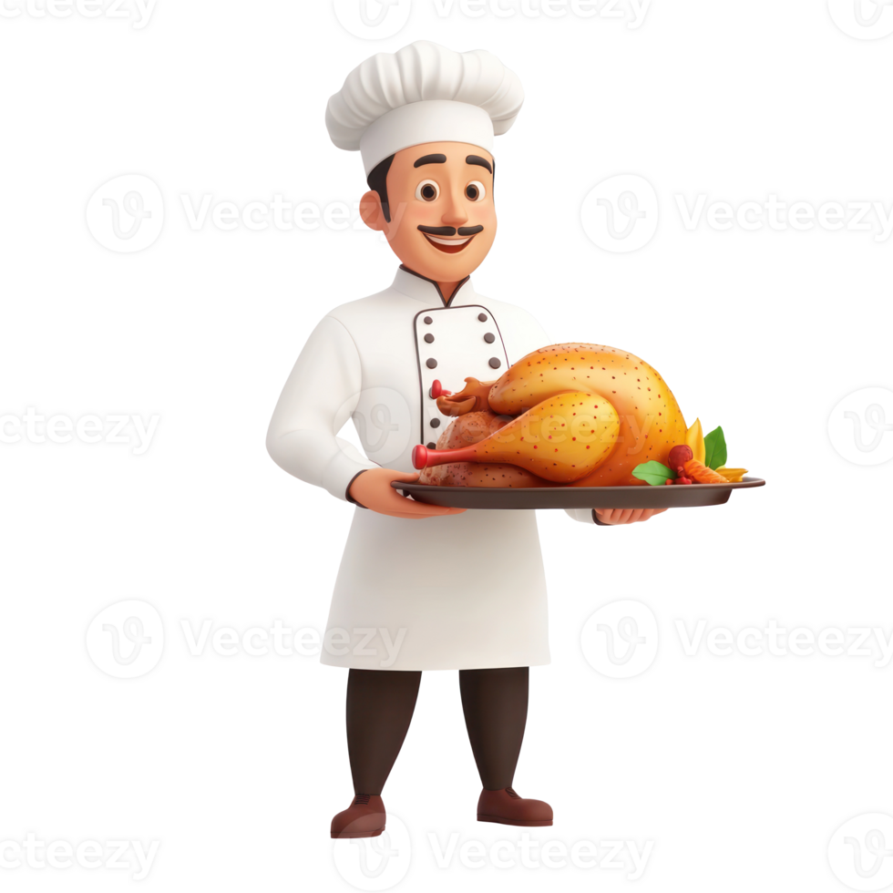 3D icon cartoon chef holding a roasted turkey on a tray png
