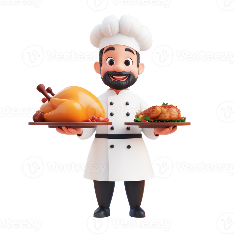 chef holding a tray with a turkey and vegetables 3D icon cartoon png