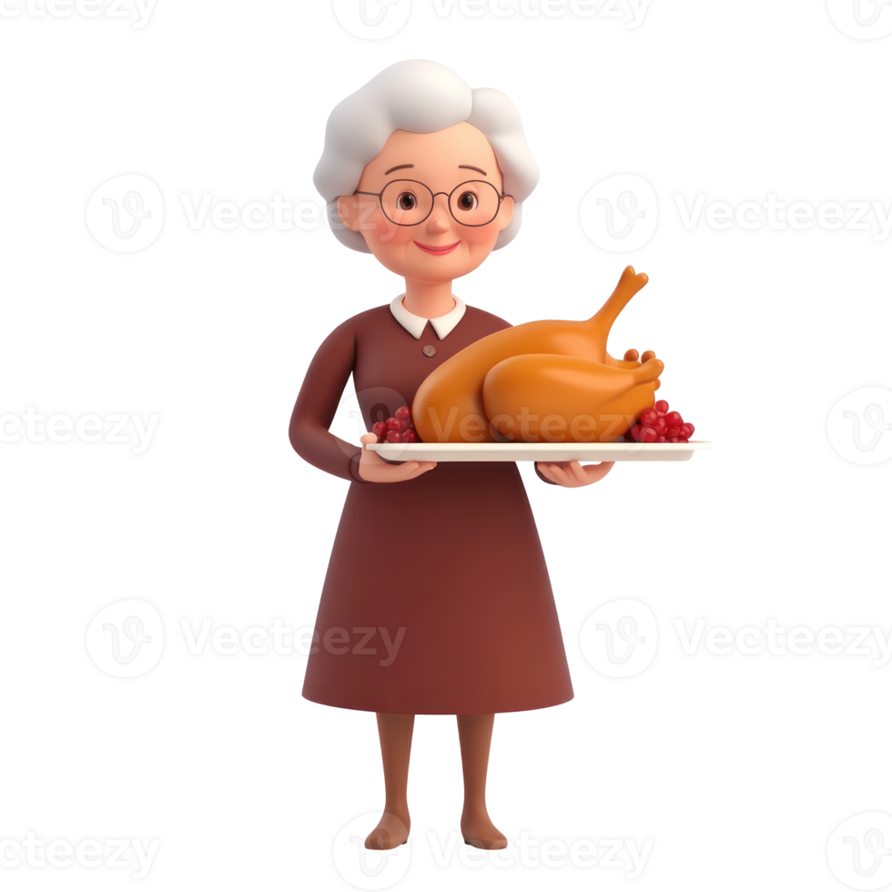 Smiling senior woman holding a tray with roasted 3D icon cartoon turkey for thanksgiving 3D icon cartoon minimalist isolate on transparent background png