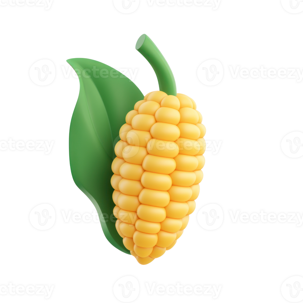 3D icon cartoon corn on a leaf icon on transparent background png
