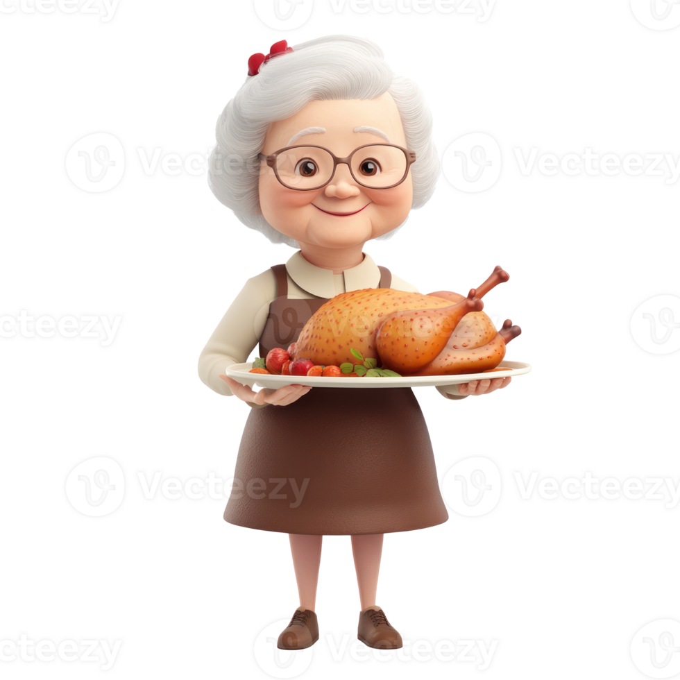 an old lady holding a turkey on a plate png