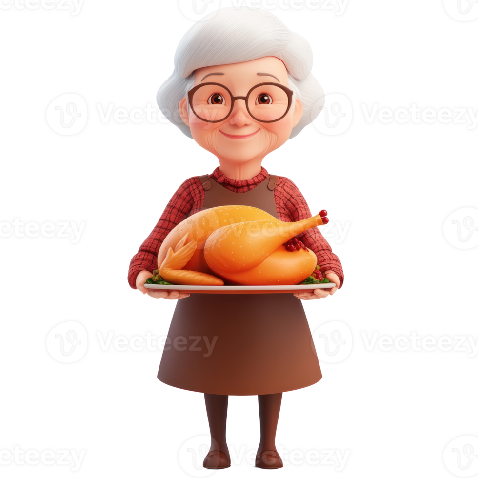 an old woman holding a turkey on a plate png