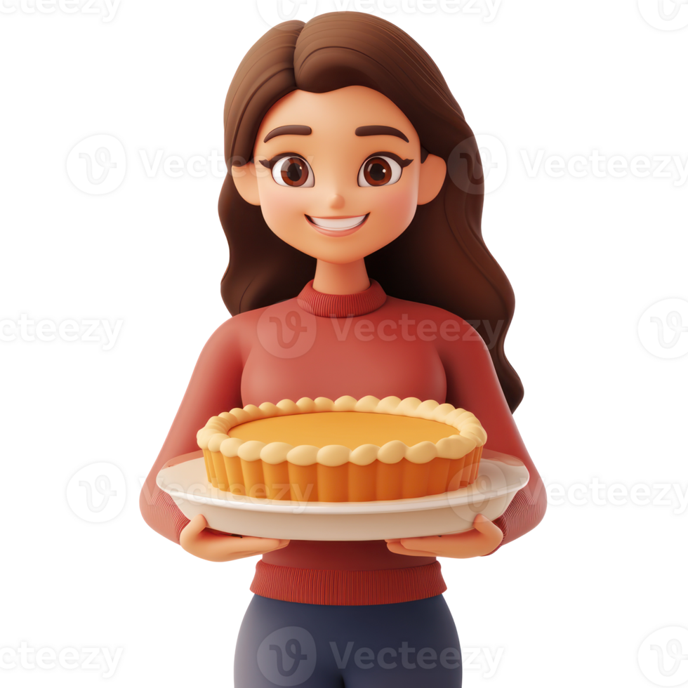 Smiling young woman holding pumpkin pie for thanksgiving 3D icon cartoon minimalist isolate on transparent background png