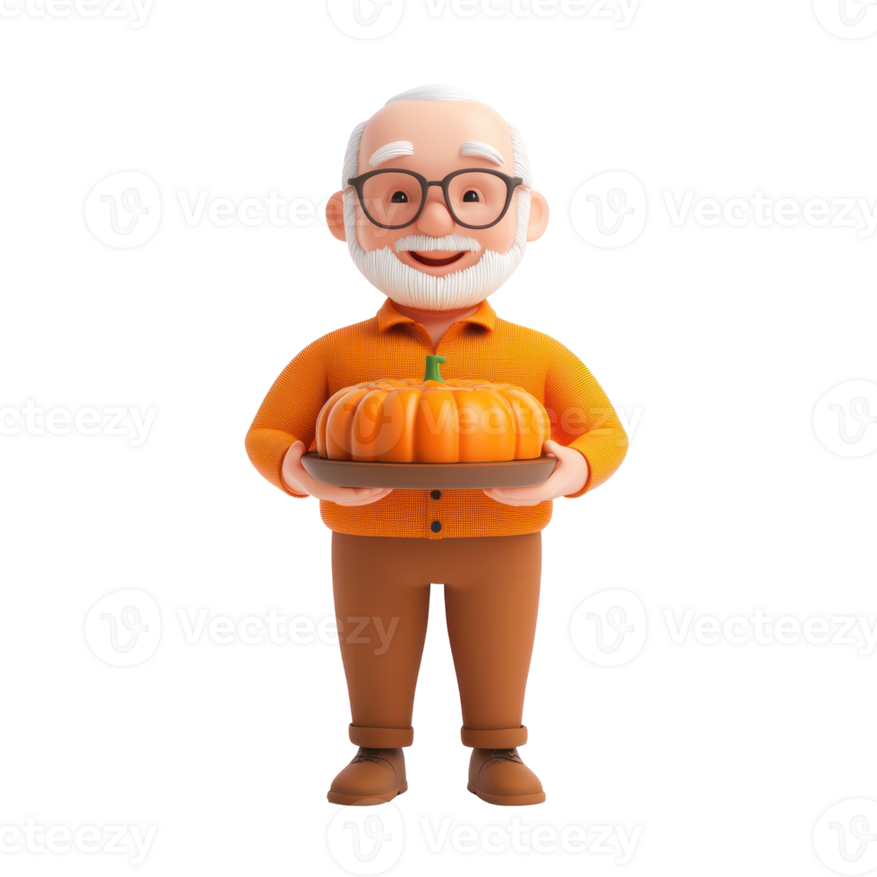 3D icon cartoon old man holding a pumpkin on a tray png