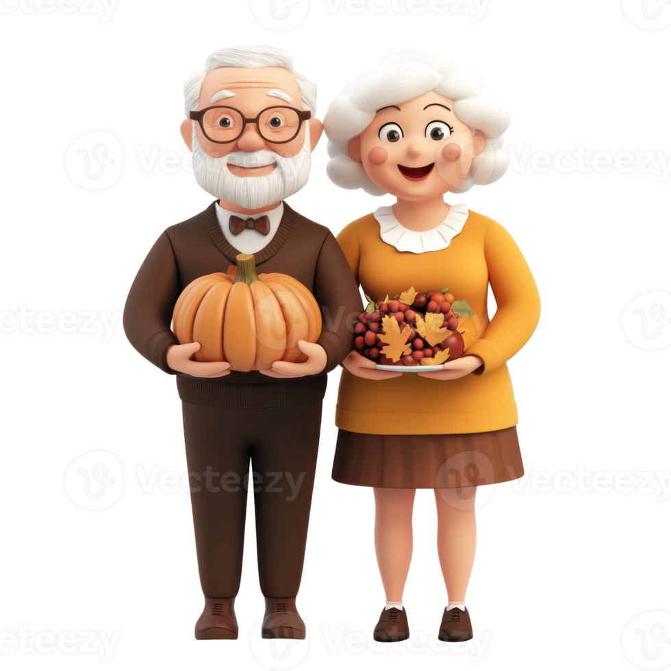 an old couple holding a pumpkin and apples png