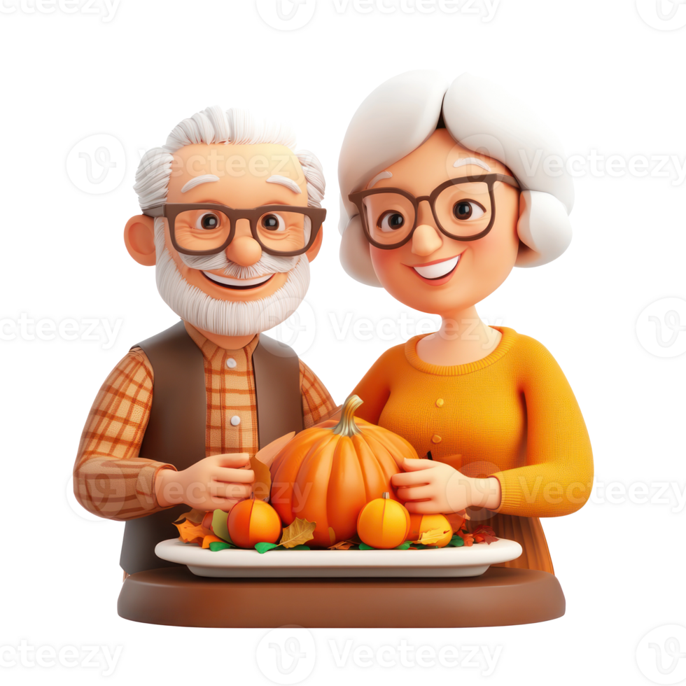 3D cartoon old couple holding a pumpkin on a plate png