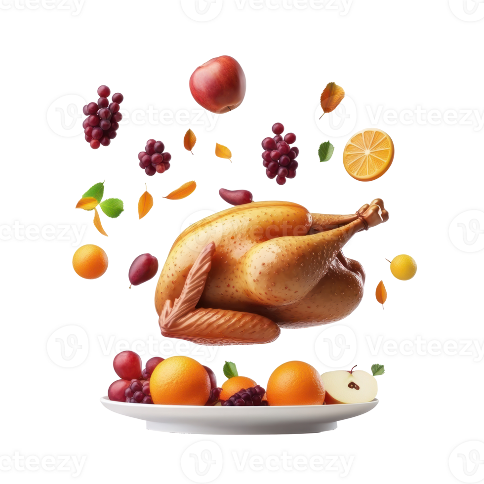 Roasted turkey with apples, grapes, orange and fruit falling in the air into plate png