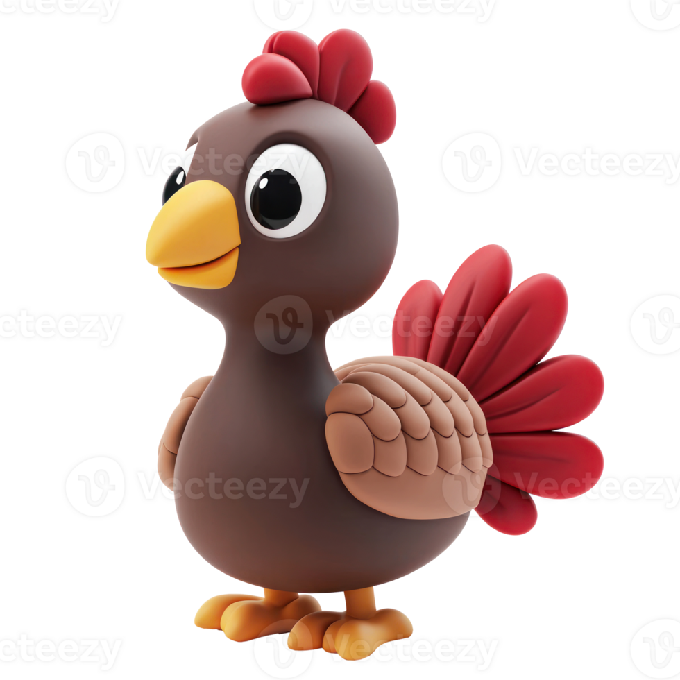 a cartoon chicken with a red beak and brown feathers isolate on transparent background png