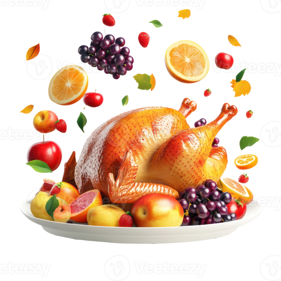 Roasted turkey with apples, grapes, orange and fruit falling in the air into plate png