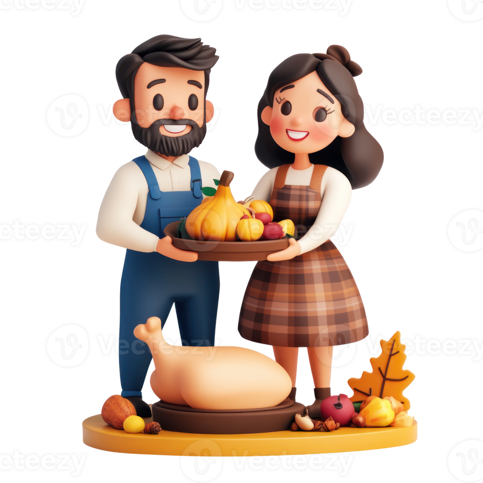 3D cartoon thanksgiving family isolate on white background png