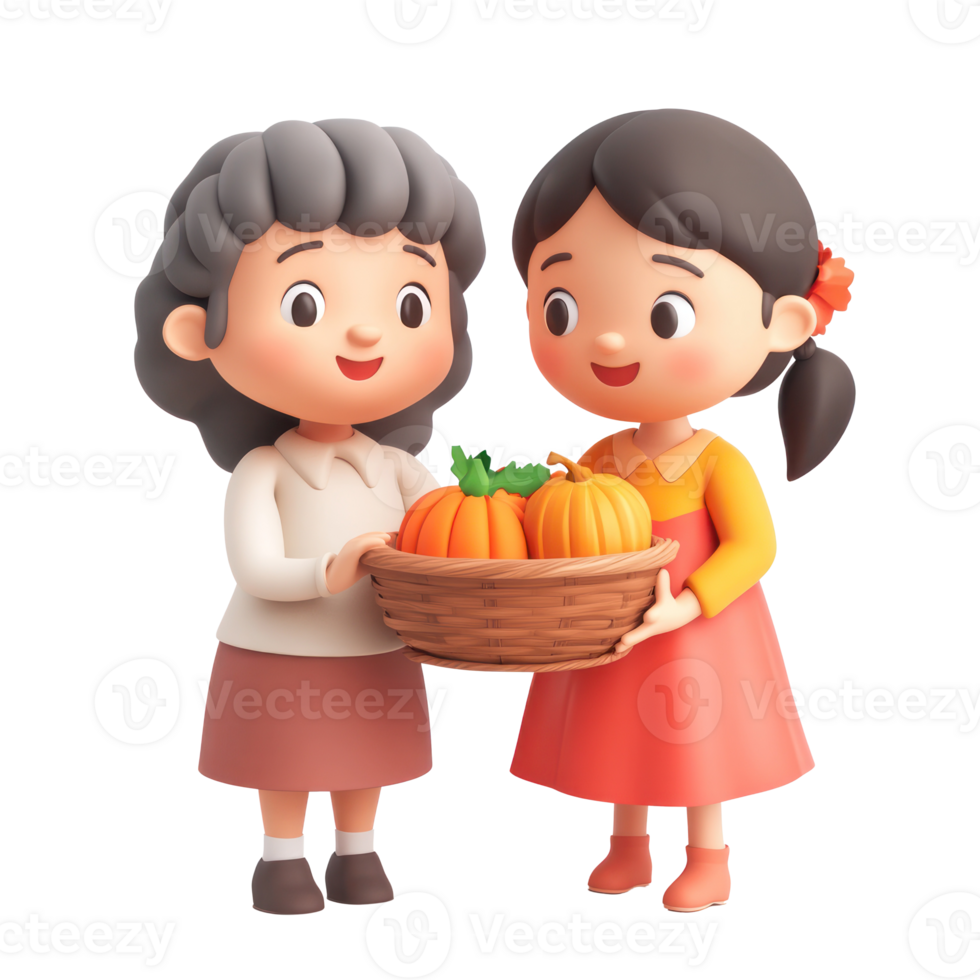 the illustration of two women holding a basket of pumpkins png