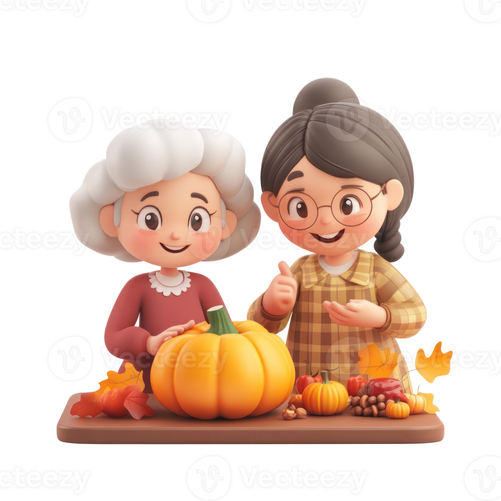 Happy grandmother and granddaughter celebrating thanksgiving 3D icon cartoon minimalist png