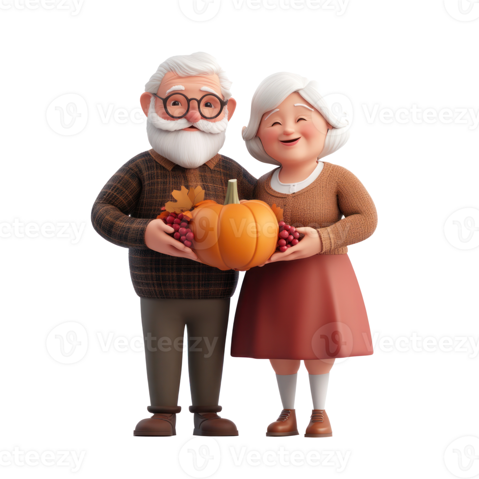 the elderly couple holding a pumpkin and grapes png