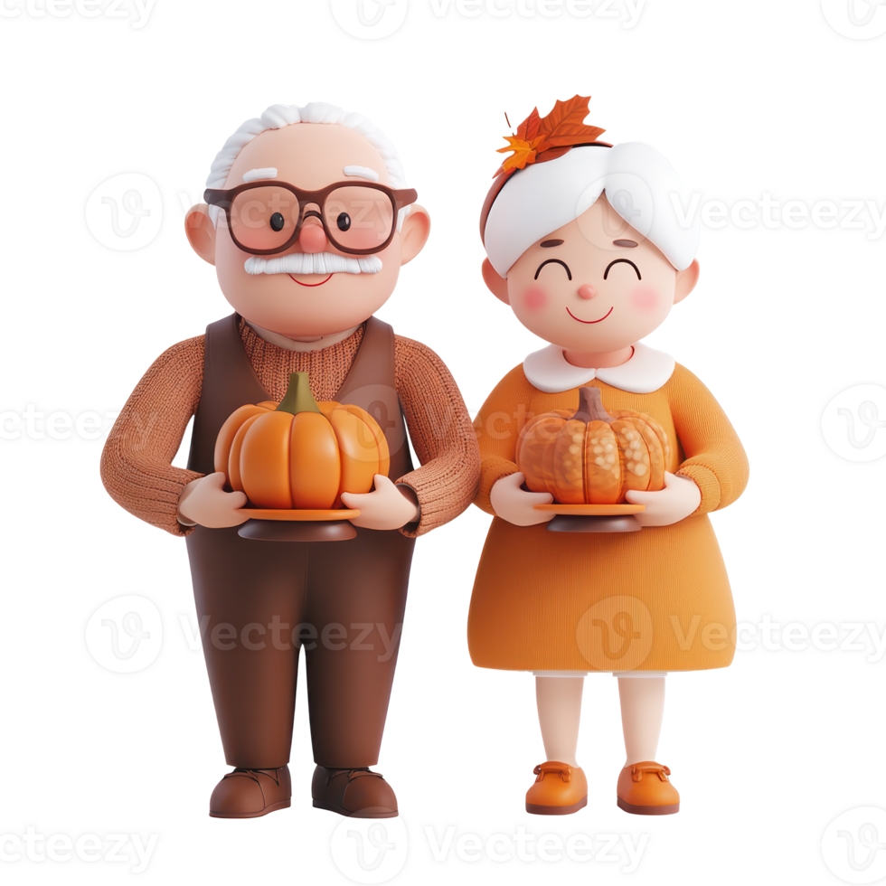 the Happy senior couple celebrating thanksgiving 3D icon cartoon minimalist isolate on transparent background png