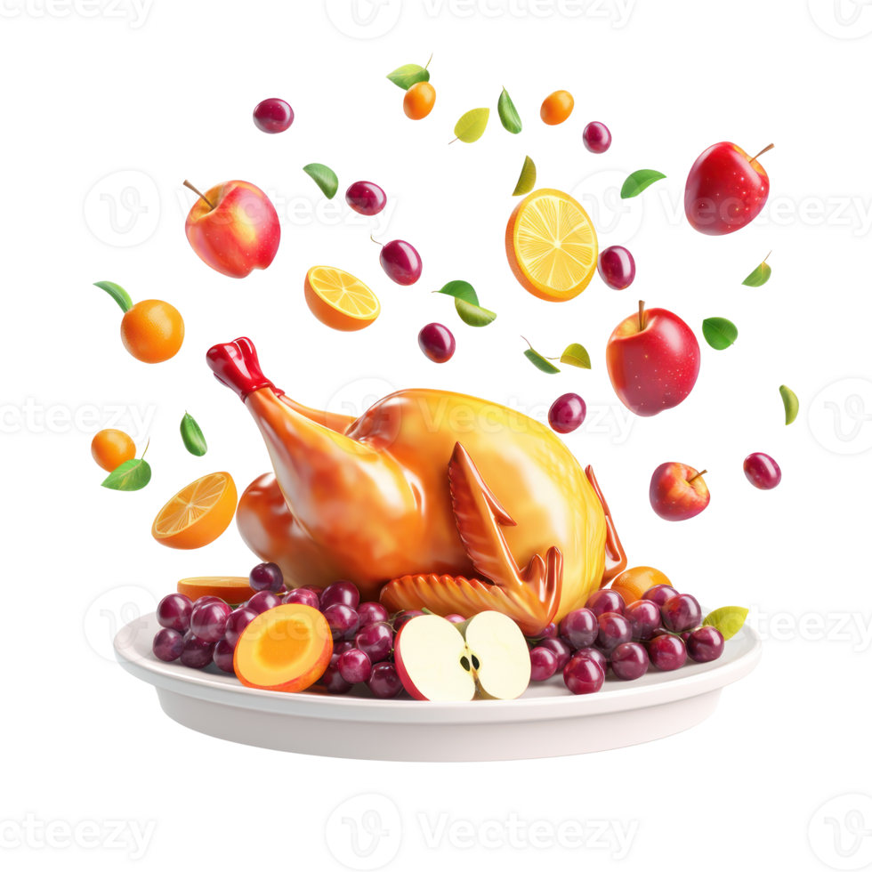 Roasted turkey with apples, grapes, orange and fruit falling in the air into plate 3D icon png