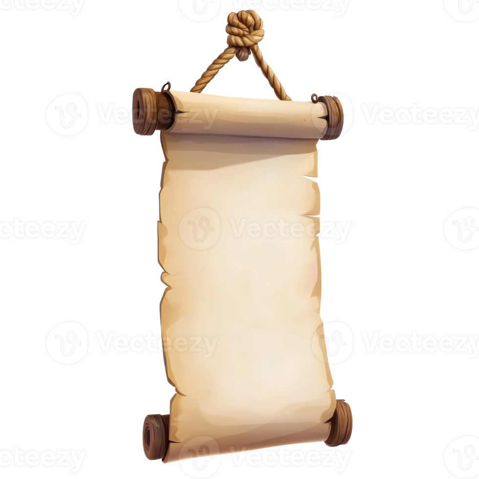 Old vertical paper scroll hanging on rope png