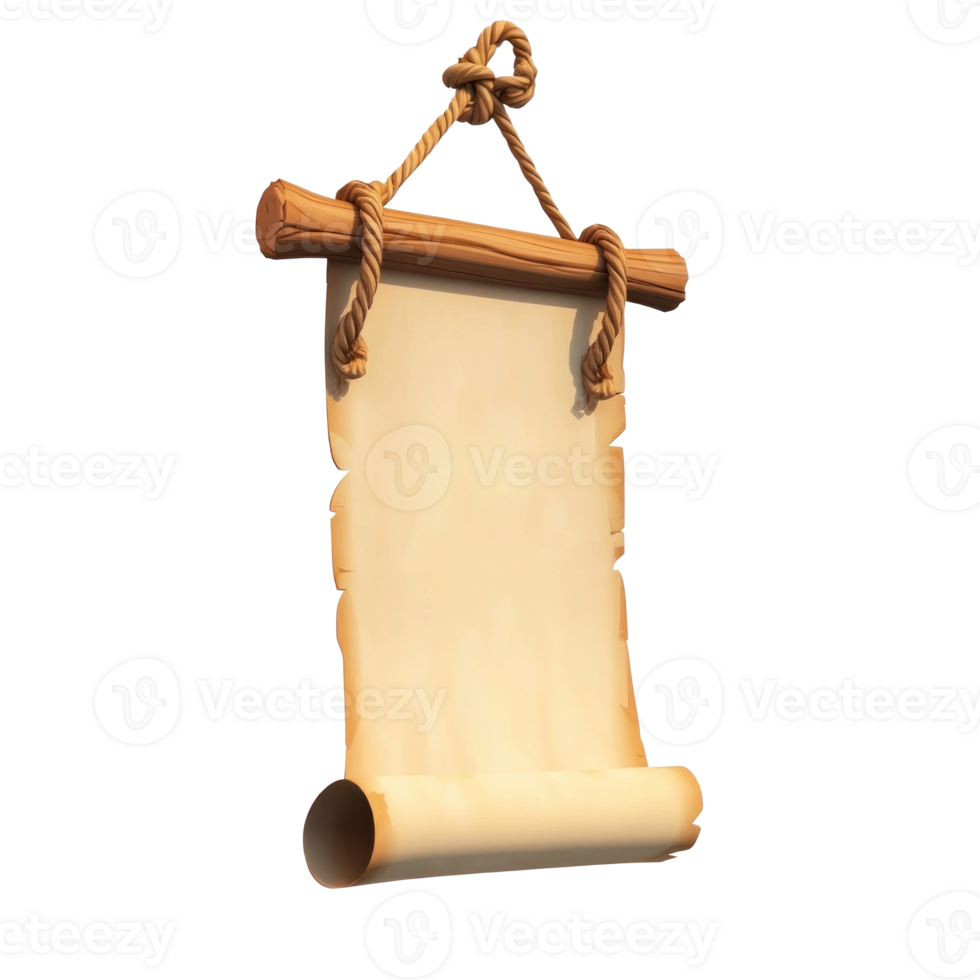 Old vertical paper scroll hanging on rope 3D icon cartoon minimalist png