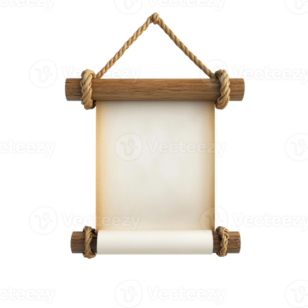 Old vertical paper scroll hanging on rope 3D icon isolate on transparent background png