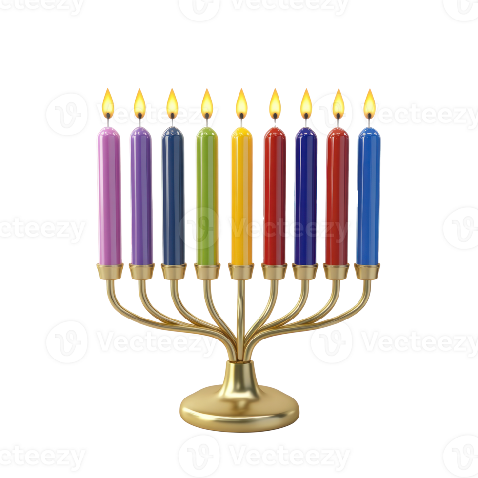 the Jewish Hanukkah Gold Menorah with colorful candles 3D icon cartoon minimalist isolate on transparent background png