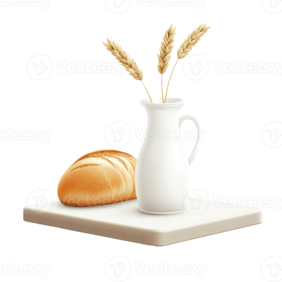 bread and wheat in a jug on a cutting board png