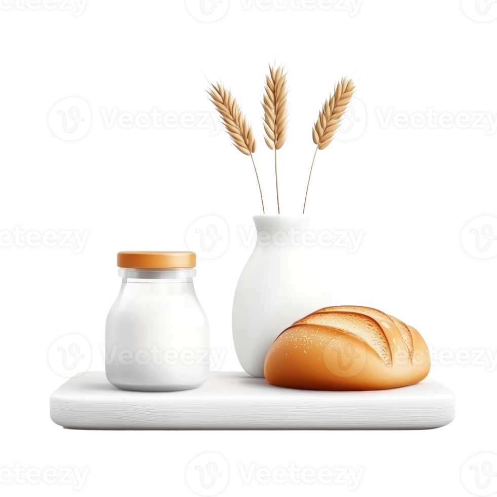 bread, milk and wheat on a tray with a vase and a bottle png