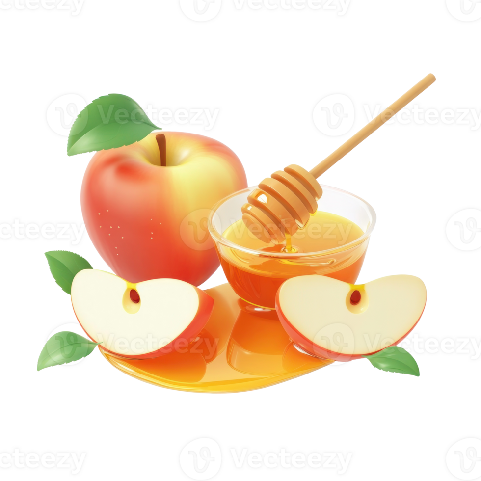 apple slices with honey 3D icon cartoon minimalist isolate on transparent background png