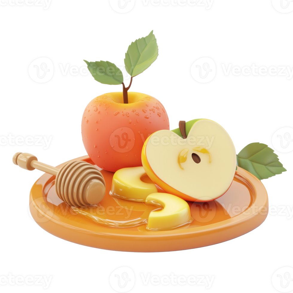 Apples with honey 3D icon clay style solid color isolate on transparent background png
