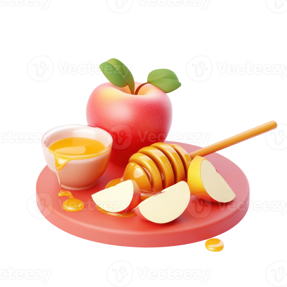 apple and honey on a plate with a spoon and a bowl of honey png
