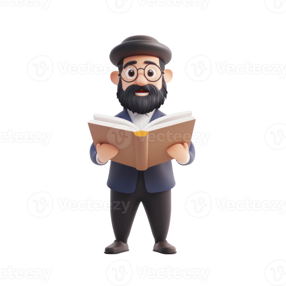 Jewish man holding book 3D icon cartoon minimalist isolate on transparent background png