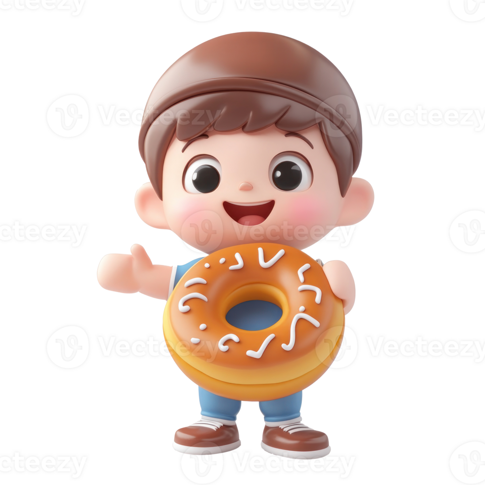 Happy young boy holding Hanukkah Jelly doughnut 3D icon cartoon minimalist isolate on transparent background png