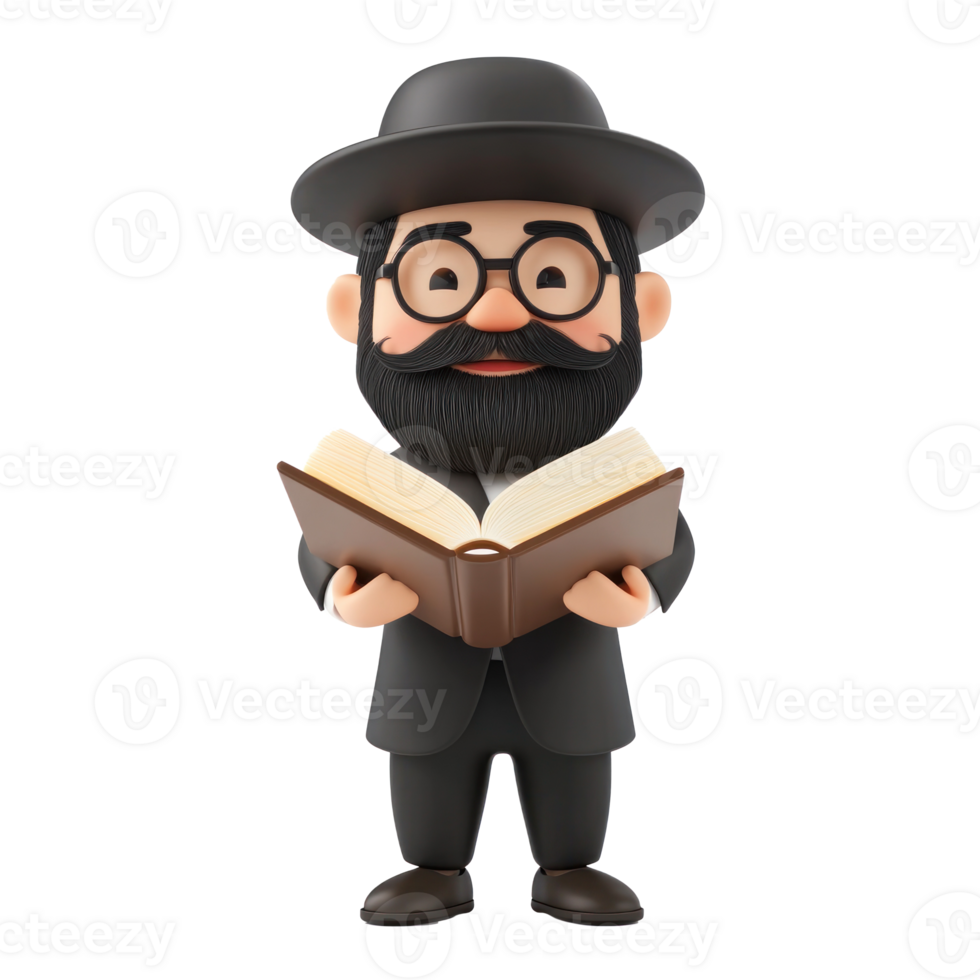 3d cartoon rabbi with beard and glasses reading book hd download png