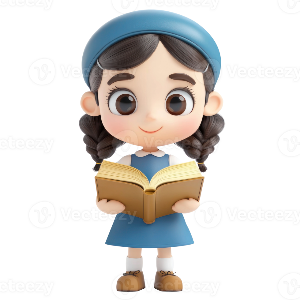 Jewish little girl holding book looking at camera 3D icon cartoon minimalist isolate on transparent background png