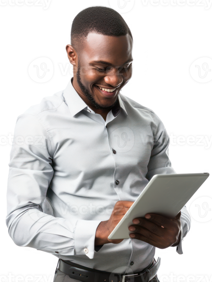 businessman smiling while using tablet isolate on transparency background png